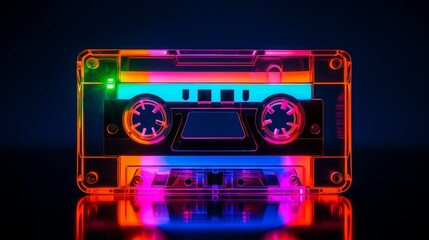 Neon cassette with shimmering reflection, close up, focus on light play, dynamic, Silhouette, Reflective surface backdrop
