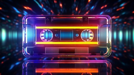 Obraz premium Neon cassette with shimmering reflection, close up, focus on light play, dynamic, Silhouette, Reflective surface backdrop
