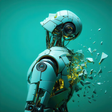 illustration of broken shattered humanoid robot with artificial intelligence