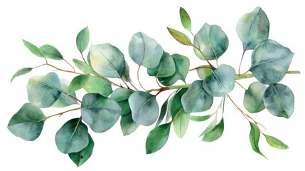 watercolor handdrawn green eucalyptus branches isolated background, in the style of hand-painted