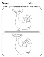 Whale Puzzle. Printable Activity Page for Kids. Educational Resources for School for Kids. Kids Activity Worksheet. Find Differences Between 2 Shapes