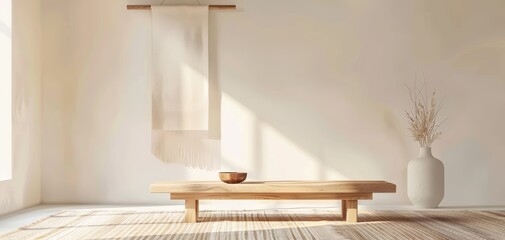 Minimalist meditation space with a low wooden bench and a serene wall hanging, promoting a calm and focused atmosphere, isolated on a white background
