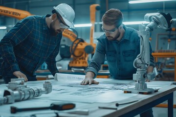 Two men are working on a project, one of them is wearing a hard hat. Scene is focused and serious, as the two men are deeply engaged in their work
