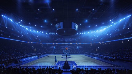 A basketball game in an arena with bright lights and a full crowd watching, dark. and blue lighting