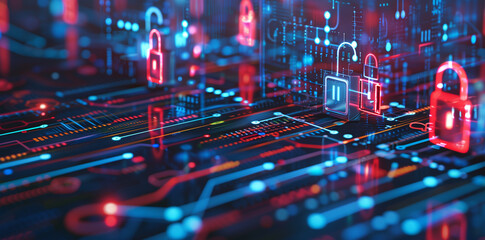 Fototapeta premium Cybersecurity network interface showing a digital fortress with advanced encryption and firewall technologies