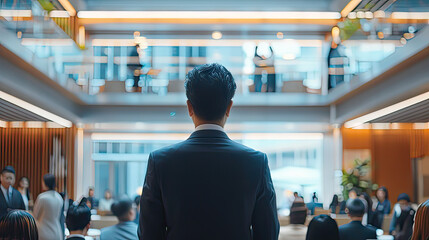 Employees who attend training or business seminars of the organization Professional business coaches speak for diverse nationalities in a spacious, modern interior office. diverse audience back view f