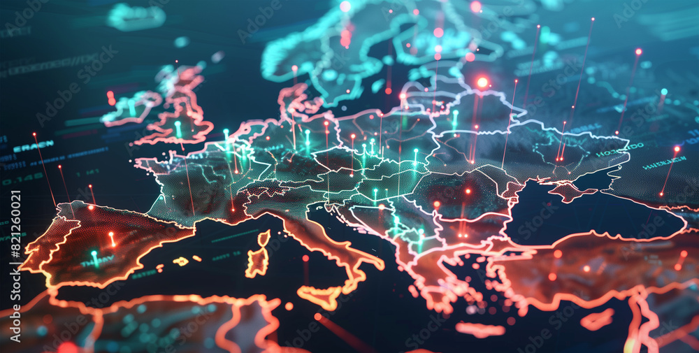 Aufkleber global cybernetic network showcasing interconnected data nodes across a neon-lit digital map of euro