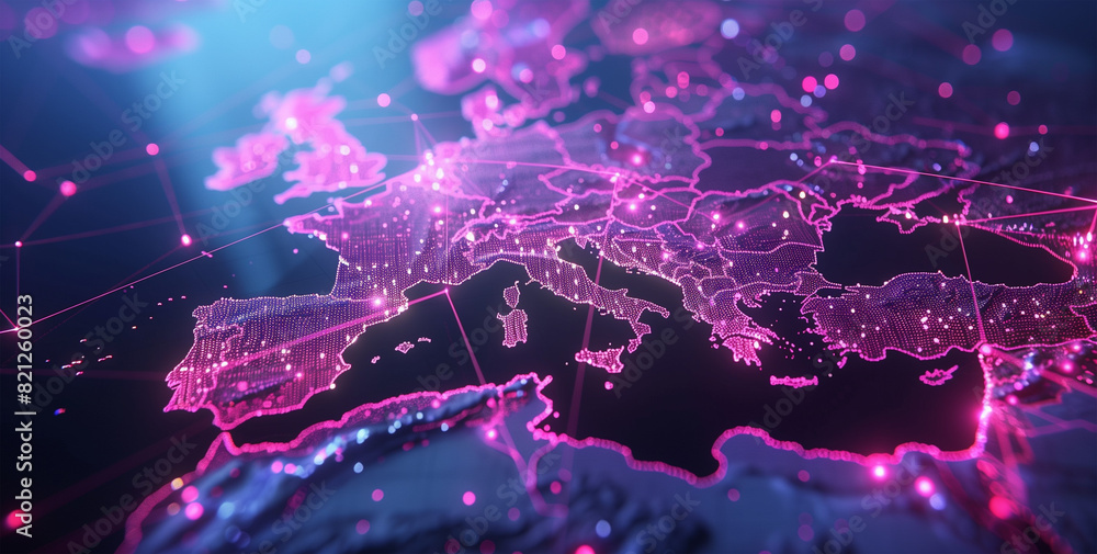 Poster global cybernetic network showcasing interconnected data nodes across a neon-lit digital map of euro