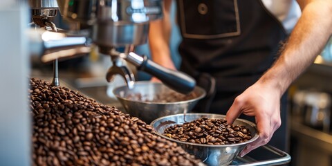 A barista in an apron carefully selects coffee beans for brewing, illustrating the craft behind gourmet coffee preparation