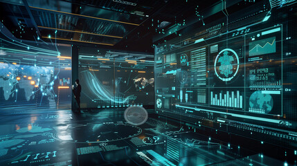 Virtual reality environment representing a complex scientific data analysis, with floating 3D charts and holographic projections