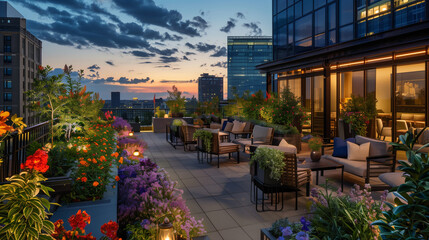 Fototapeta premium The rooftop garden terrace, decorated with blooming flowers and cozy seating areas, offers guests a peaceful refuge amidst the urban landscape.