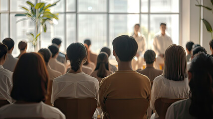 Obraz premium Employees who attend training or business seminars of the organization Professional business coaches speak for diverse nationalities in a spacious, modern interior office. diverse audience back view f
