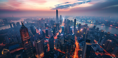 Fototapeta premium Aerial view of a futuristic Asian megacity at dusk, integrating sustainable energy solutions and smart urban planning