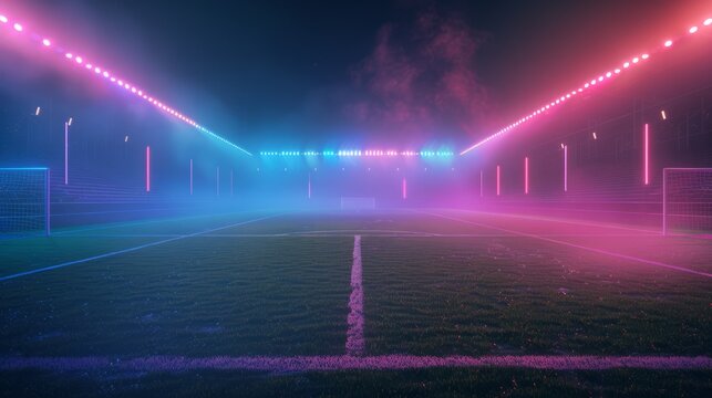 A textured soccer field including neon fog in the middle of midfield, space, Generative AI.