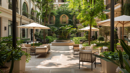 Obraz premium A tranquil courtyard garden tucked within the hotel grounds, offering guests a blissful refuge away from the hustle and bustle of the city.