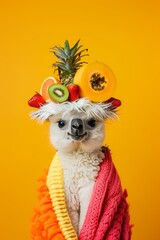 Obraz premium Quirky image of an alpaca adorned with a summer fruit on his head and colorful scarves against a yellow backdrop.