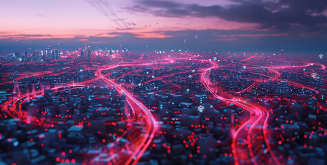 Dynamic depiction of energy flow within an electric grid, visualized as a network of glowing paths across a cityscape at twilight