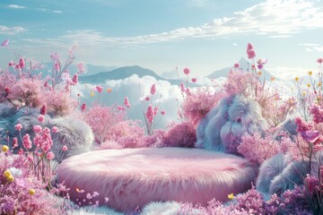 A pink flowery field with a pink stone in the middle