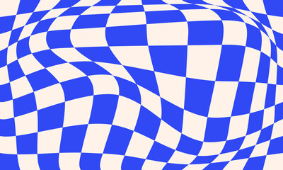 Retro psychedelic blue checkerboard vector background. Groovy wavy y2k checkered pattern