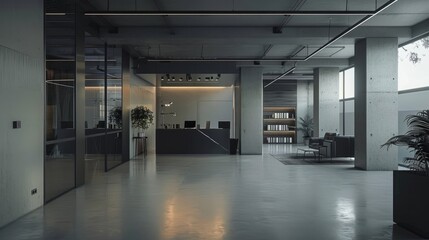 Modern architectural office interior with sleek design elements, collaborative workspaces, and natural lighting