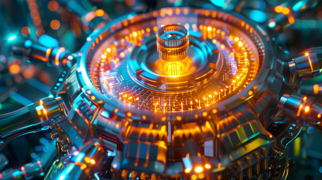 Illustration of a quantum computer core, visualized with glowing qubits and intricate circuitry in a high-tech lab environment