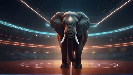Sci-fi illustration with glowing lines, An elephant playing basketball on a futuristic court