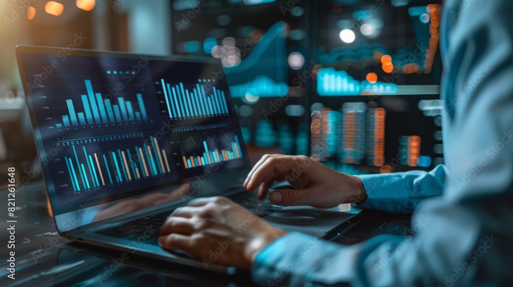 Poster professional businessman analyzing financial data on modern computer with business graph - workplace