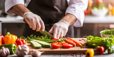 Professional chef in a kitchen with gloves slicing fresh vegetables on a wooden board with variety of colorful ingredients around