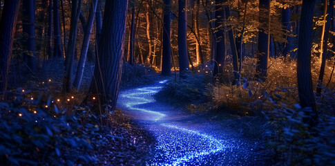 Bioluminescent forest pathway, lighting up with natural glow from flora and fauna during a mystical night