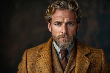 Obraz premium Handsome mature man with hypnotic eyes and a well-groomed beard in a tweed suit
