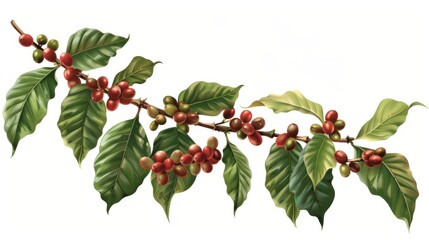 Coffee tree branch with green leaves and unripe coffee fruits or coffee cherries isolated on transparent and white background.PNG image.
