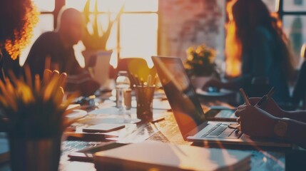 Co-working business team collaborating and brainstorming new project strategy in modern office setting