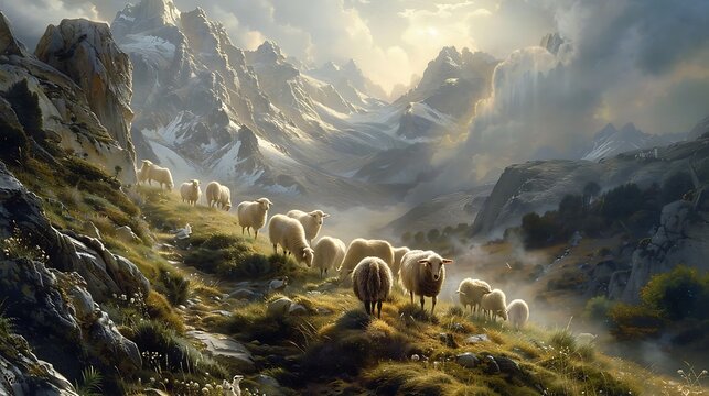 "Experienced Shepherds Skillfully Guiding a Flock of Sheep Through Picturesque Countryside on a Sunny Day &ndash; Captivating Rural Scene Exemplifying Traditional Livestock Management and Harmonious Pastora