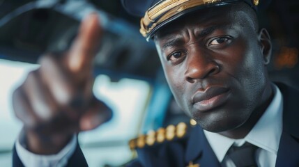 A determined black airline pilot in uniform, pointing forward with a serious expression while inside the cockpit, during daytime.