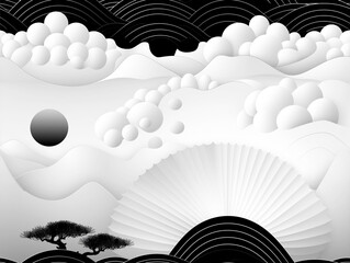 Pattern, abstract black and white illustration of a zen landscape with mountains, clouds, and sun, ideal for wallpaper or backdrop.