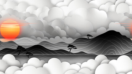 pattern, abstract black and white landscape with orange sun and clouds, perfect for wallpaper or zen backdrop.