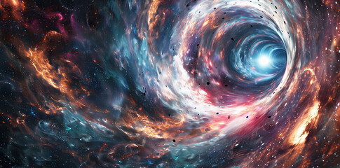 Interstellar travel portal depicting a gateway between galaxies, with travelers transitioning through a swirling vortex of light