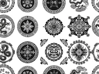 seamless black and white pattern with intricate asian motifs and dragons, ideal for wallpaper or textile design