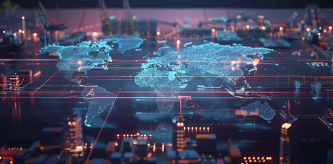 Advanced logistics network visualized through a holographic world map, tracking global shipping routes and logistic hubs
