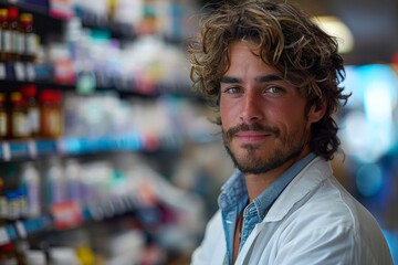 Obraz premium A cheerful young male pharmacist stands in front of a pharmacy shelf with medications