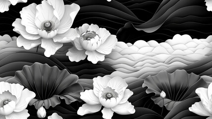 black and white floral pattern with large blossoms and waves, perfect for wallpaper or textile design.