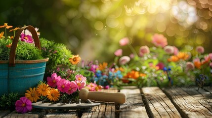 A diverse array of colorful flowers bloom in a garden, surrounded by gardening tools on a wooden surface, with a blurred natural background. Generative AI
