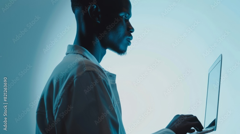 Poster professional man working on laptop: mockup screen display for business or technology concept. modern