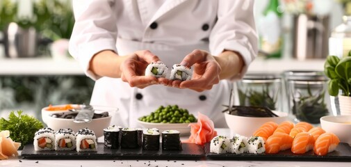 Chef preparing sushi rolls with fresh ingredients, isolated on white background, copy space for text, culinary preparation process, high detail, vibrant colors, high resolution
