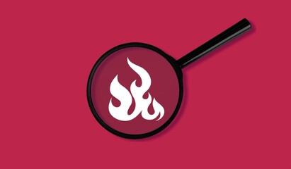 Fire surveillance inspection, fire icon with magnifying glass