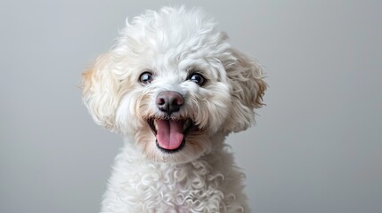 Top view photo of happy white Bichon Frise dog.