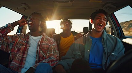 Guys sitting in the back seats of a car, happily bobbing their heads and singing along.