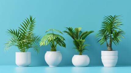 House Plants in White Pots on Blue Background: Bohemian Style Tropical Plant in Ceramic Pot. Plain Isolated on White Background.