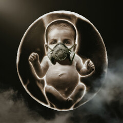 Infant in a gas mask: a symbol of hope in a dangerous world