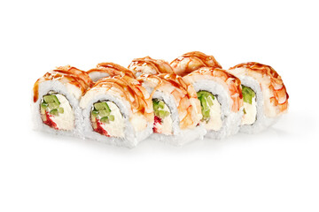 Japanese sushi rolls with cucumber, tobiko, cream cheese and shrimp